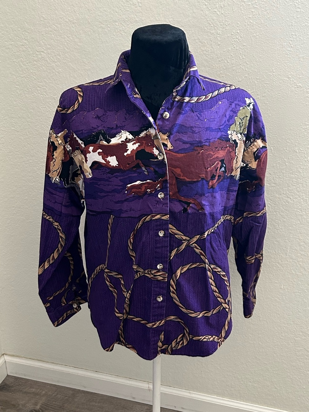Vintage Roughrider Western Horse Print Button-Up Shirt Size Medium